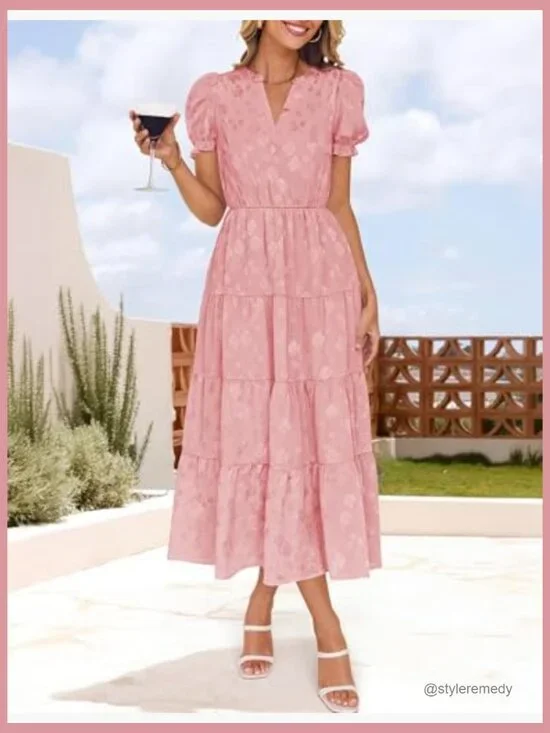 Polyester Floral Textured Midi Dress with Puff Sleeves and V-Neck - Picture 3 of 7